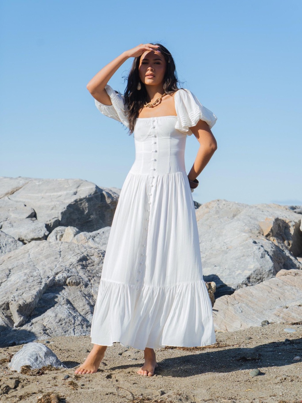 Norma Kamali White Midi Button-Front Puff Sleeve Dress - Picture 3 of 8